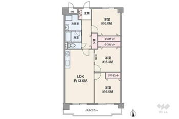 シーサイドコーポラス西宮 2LDK+S、価格2298万円、専有面積70.4m<sup>2</sup>、バルコニー面積9.76m<sup>2</sup> 間取りは専有面積70.4平米の3LDK。LDK約13.6帖のプラン。バルコニー面積は9.76平米です。