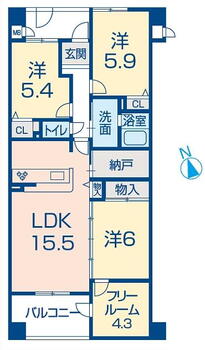 ライフコート北野 4LDK+S（納戸）、価格1380万円、専有面積80.04m<sup>2</sup>、バルコニー面積6.88m<sup>2</sup> 