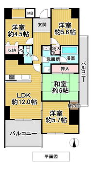 ファーストマンション 4LDK、価格1180万円、専有面積78.73m<sup>2</sup>、バルコニー面積16.56m<sup>2</sup> 。南・東側の2面バルコニー付き！LDKは約12.0帖、キッチンは対面式です。和室1部屋＋洋室3部屋が配置されています。