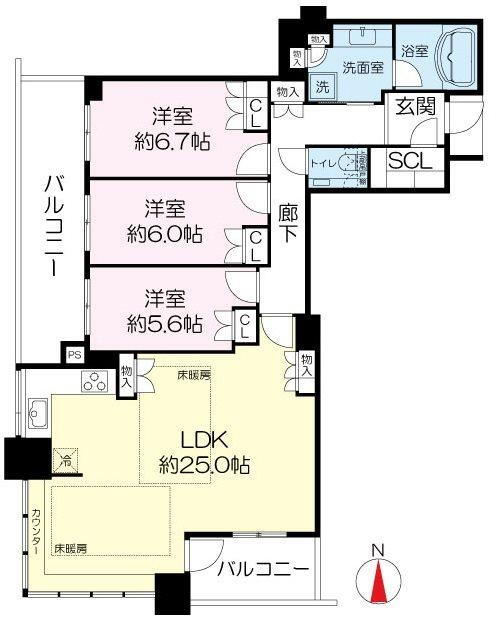 ジオタワー宝塚ＥＡＳＴ 3LDK、価格5980万円、専有面積99.12m<sup>2</sup>、バルコニー面積19.99m<sup>2</sup> LD・洋室3室は全てバルコニーに接しております。