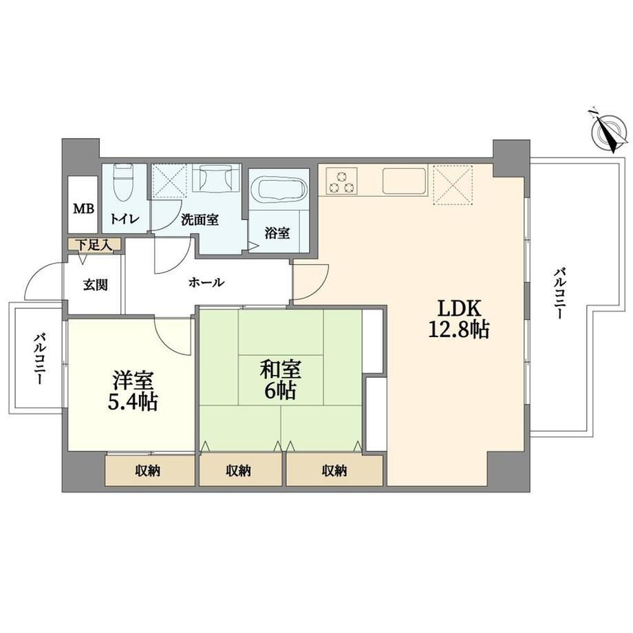 ライオンズマンション豊中上野東 2LDK、価格1680万円、専有面積55.44m<sup>2</sup>、バルコニー面積9.92m<sup>2</sup> 間取図