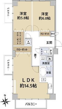 仁川グリーンハイツ 2LDK、価格2280万円、専有面積67.88m<sup>2</sup>、バルコニー面積9.77m<sup>2</sup> 