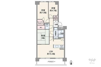 ステイツ苦楽園ガーデンヒルズ 3LDK、価格3090万円、専有面積71.32m<sup>2</sup>、バルコニー面積9.3m<sup>2</sup> 間取りは専有面積71.32平米の3LDK。LDK約15.4帖の横長リビングプラン。LDKと隣接する和室は、2方向から出入りができます。