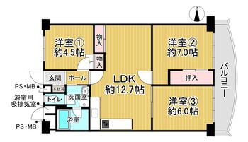 深草西浦住宅 3LDK、価格1990万円、専有面積66.66m<sup>2</sup>、バルコニー面積8.69m<sup>2</sup> 。洋室3部屋が配置されています。LDKは約12.7帖の広さ。東向きバルコニーは、洋室②③から出入りが可能です。