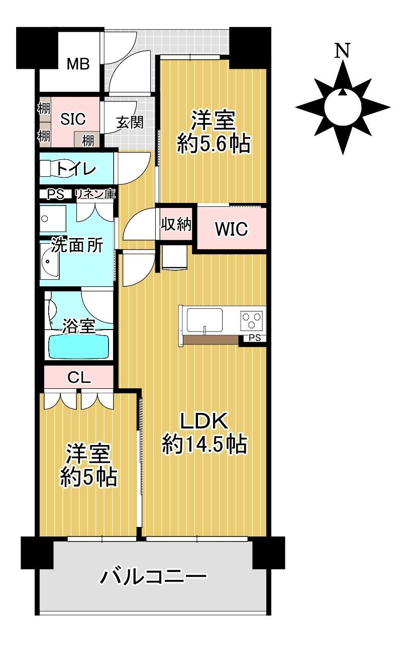 シエリア京都西大路 2LDK、価格3490万円、専有面積60m<sup>2</sup>、バルコニー面積10.16m<sup>2</sup> 。LDKは約14.5帖。約5.0帖の洋室が隣接しており、引き戸を開放することで一体利用可能です。各洋室・廊下に、WICを含む収納スペースが備わっています。