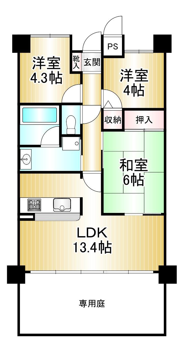 キングマンション姫島Ⅱ 3LDK、価格1750万円、専有面積60.72m<sup>2</sup>、バルコニー面積27.6m<sup>2</sup> 
