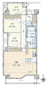 プラウド京都白川通 3LDK、価格6380万円、専有面積84.1m<sup>2</sup>、バルコニー面積7.34m<sup>2</sup> 間取り図