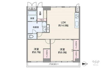 夙川７番街ストークマンション 2LDK、価格3148万円、専有面積65.29m<sup>2</sup>、バルコニー面積6.9m<sup>2</sup> 間取りは専有面積65.29平米の2LDK。LDK約14.8帖のプラン。廊下の短い居室空間を優先した造り。全部屋6帖以上の広さがあります。バルコニー面積は6.90平米です。