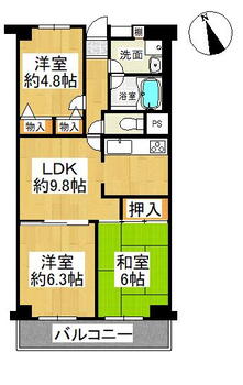 サニータウン羽倉崎　５階 3LDK、価格1050万円、専有面積61.22m<sup>2</sup>、バルコニー面積7.28m<sup>2</sup> 3LDKの間取り！