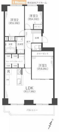 神戸パークシティＢ棟 3LDK、価格2650万円、専有面積79.7m<sup>2</sup>、バルコニー面積9.24m<sup>2</sup> 12階部分の南東向きのため、眺望・陽当り良好です。
