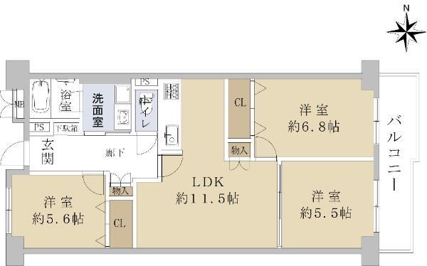 八戸ノ里第二ガーデンハイツ 3LDK、価格1780万円、専有面積66.71m<sup>2</sup>、バルコニー面積6.01m<sup>2</sup> 