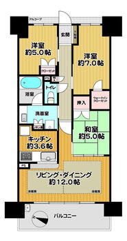 ローレルコート豊中 3LDK、価格6180万円、専有面積72.45m<sup>2</sup>、バルコニー面積12.1m<sup>2</sup> 専有面積72.45m<sup>2</sup>・3LDKタイプのお部屋です。各居室には収納があります。リビングダイニングには床暖房が設置されており、頭寒足熱を叶えてくれます。