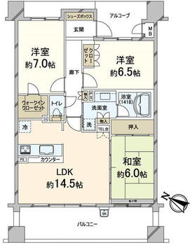 千里ディアヒルズ・クレセント・リッジ 3LDK、価格3980万円、専有面積76.69m<sup>2</sup>、バルコニー面積15.4m<sup>2</sup> 間取り