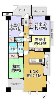 アクアパークＣＩＴＹ岸和田南２番館 4LDK、価格2180万円、専有面積87.91m<sup>2</sup>、バルコニー面積14.2m<sup>2</sup> 。北東・南東・北西側の3面バルコニー付きです！各洋室・和室・廊下に、収納スペース有。玄関に専用ポーチが設けられています。