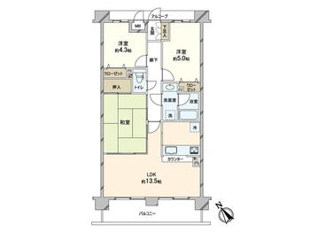 藤和ハイタウン西宮 3LDK、価格2680万円、専有面積63.1m<sup>2</sup>、バルコニー面積9m<sup>2</sup> 間取図