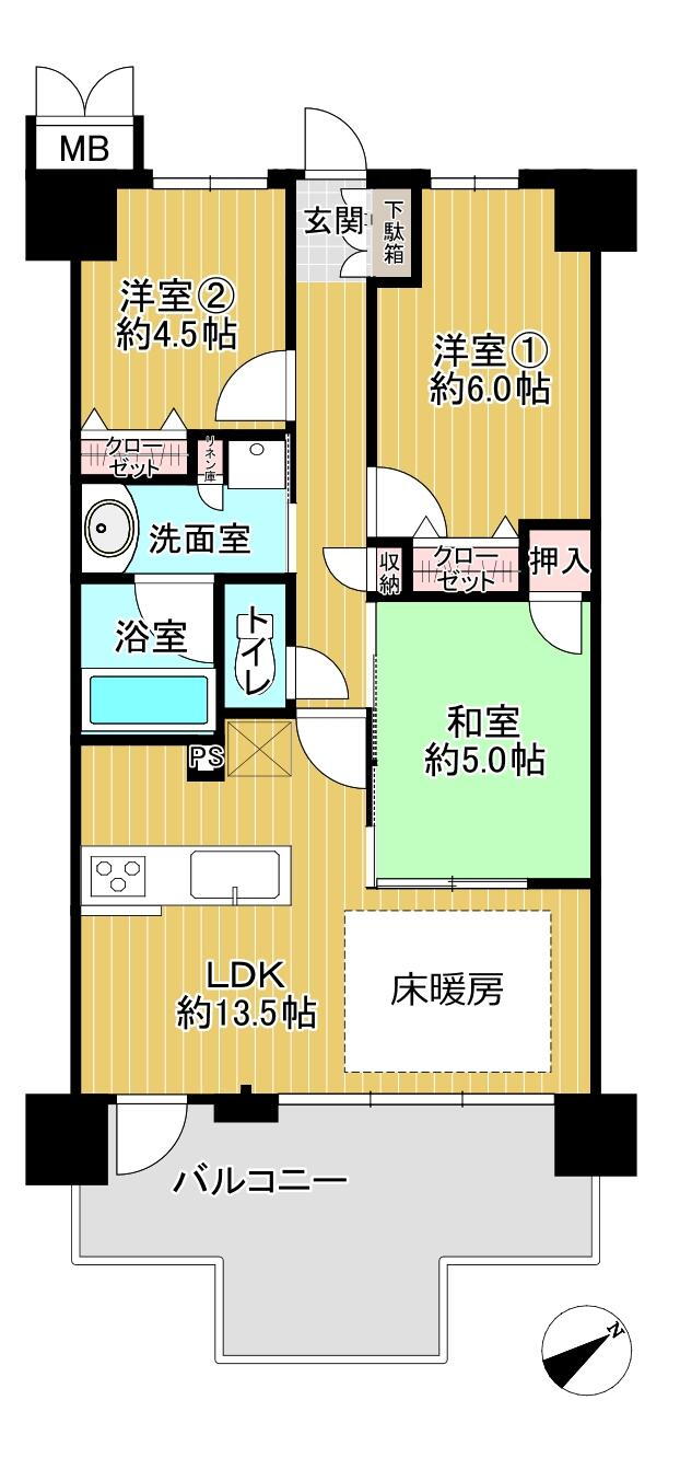 グランドパレス堺七道 3LDK、価格3180万円、専有面積64.2m<sup>2</sup>、バルコニー面積13.3m<sup>2</sup> 。南東向きバルコニー付き！LDKは約13.5帖、LD部分の一部に床暖房が設置されています。各洋室・和室・廊下に収納スペース有。玄関はシューズボックス付きです。