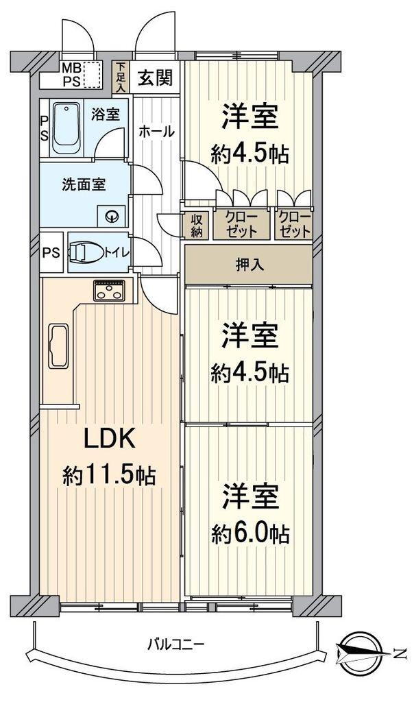 壬生川団地 3LDK、価格2780万円、専有面積63.36m<sup>2</sup>、バルコニー面積7.54m<sup>2</sup> 間取図
