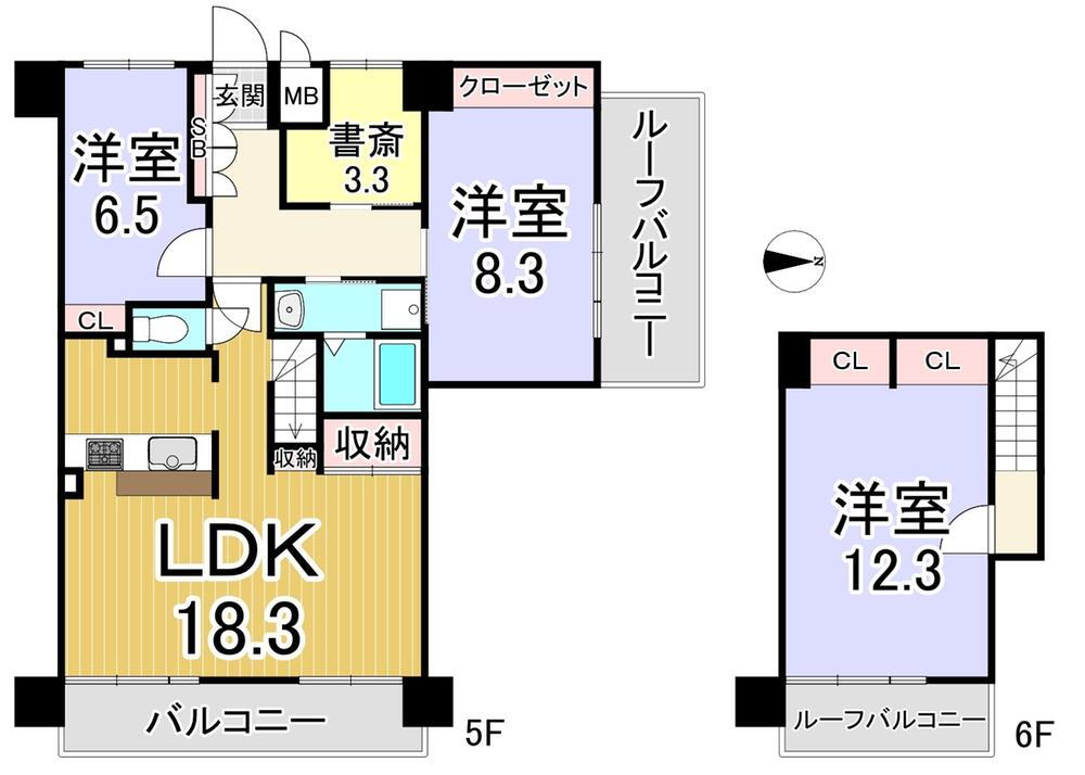 アルモード京都西院 4LDK、価格5998万円、専有面積107.15m<sup>2</sup>、バルコニー面積13.39m<sup>2</sup> 5階、6階のメゾネットタイプの住戸