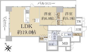 ローレルタワー尼崎 2LDK、価格5180万円、専有面積74.14m<sup>2</sup>、バルコニー面積22.09m<sup>2</sup> 