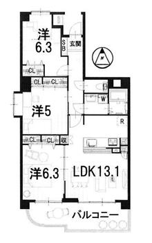 グランドムール膳所 3LDK、価格1990万円、専有面積74.2m<sup>2</sup>、バルコニー面積11.77m<sup>2</sup> 