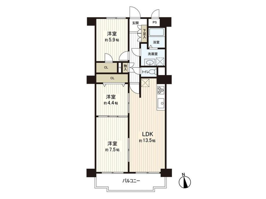 サニーハウス桃山台 3LDK、価格2880万円、専有面積74.24m<sup>2</sup>、バルコニー面積8.2m<sup>2</sup> 間取図