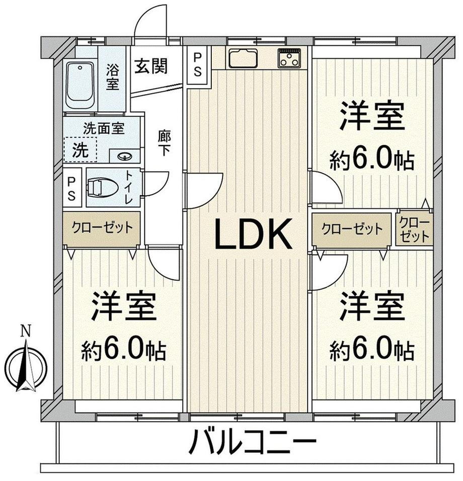大和サニーハイツ高槻 3LDK、価格1490万円、専有面積65.61m<sup>2</sup>、バルコニー面積8.1m<sup>2</sup> 間取図