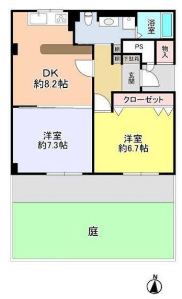 ローレルハイツ宝塚壱号棟 2DK、価格950万円、専有面積54.83m<sup>2</sup> １階部分で専用庭付き２DKの間取りです♪単身様からお二人様におすすめです(^^)