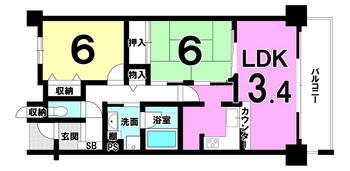 三条室町アーバンライフ 2LDK、価格5180万円、専有面積60.4m<sup>2</sup>、バルコニー面積9.12m<sup>2</sup> 