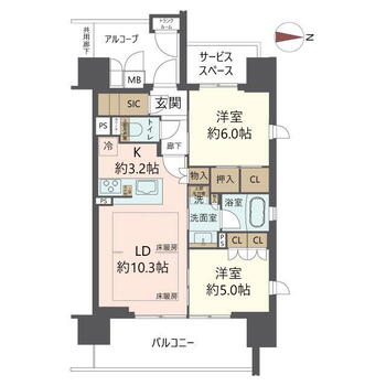 ジオ新町レジデンス 2LDK、価格5600万円、専有面積57.6m<sup>2</sup>、バルコニー面積11.95m<sup>2</sup> シューズインクロークやトランクルームが特徴♪ディスポーザーや床暖房が搭載されたお部屋です♪