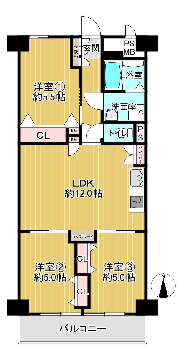 朝日プラザ四天王寺 3LDK、価格3580万円、専有面積66m<sup>2</sup>、バルコニー面積6.6m<sup>2</sup> 。LDKは約12.0帖。南側に洋室②と洋室③が隣接。キッチンは壁付けタイプ、LD部分との間にカウンター有。バルコニーは、居室2部屋に跨る広さです。