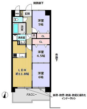 エルシティ伏見桃山 3LDK、価格2180万円、専有面積58.32m<sup>2</sup>、バルコニー面積9.89m<sup>2</sup> 