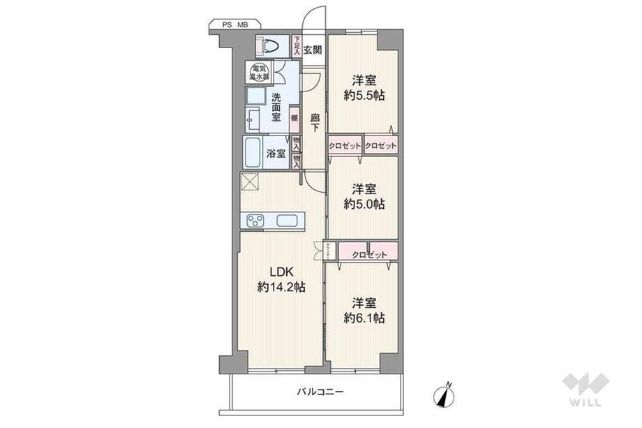 フルーレ伊丹 3LDK、価格2080万円、専有面積72m<sup>2</sup>、バルコニー面積9.17m<sup>2</sup> 間取りは専有面積72平米の3LDK。LDK約14.2帖の縦長リビングのプラン。全居室洋室仕様で、個室3部屋中2部屋はLDKから出入りします。LDKは隣接する洋室とつなげて広くするこ…