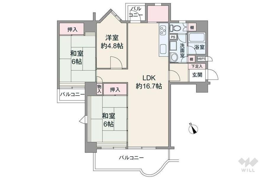 千里山ロイヤルマンション２番街Ｂ棟 3LDK、価格2980万円、専有面積78.01m<sup>2</sup>、バルコニー面積11.97m<sup>2</sup> 室内廊下が短く居住スペースを広く確保したプラン。廊下を抜けると直ぐにLDKへと繋がる家族が顔を合わせやすい造りです。LDKは2面採光、キッチンにはパントリーと勝手口付き。ト…