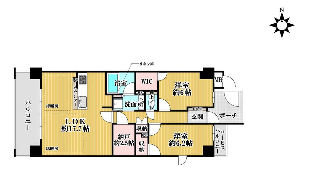 イーグルコート山科椥辻シエロガーデン 2LDK、価格3280万円、専有面積71.18m<sup>2</sup>、バルコニー面積11.49m<sup>2</sup> 。全居室6帖以上の広さ！キッチンは対面式です。納戸は約2.5帖。各洋室・廊下に、WICを含む収納スペースが備わっています。西側にバルコニー、東側にサービスバルコニー有。玄関…