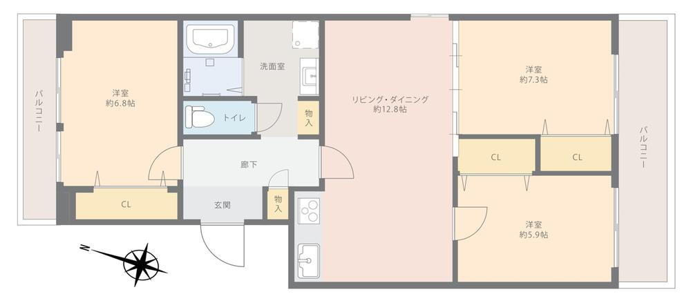 西宮セントポリア１号棟 3LDK、価格1699万円、専有面積73.22m<sup>2</sup>、バルコニー面積12.17m<sup>2</sup> 