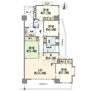 マークスタウン・グランフィーネ川西 4LDK、価格2580万円、専有面積105.42m<sup>2</sup>、バルコニー面積27.42m<sup>2</sup> 間取り図