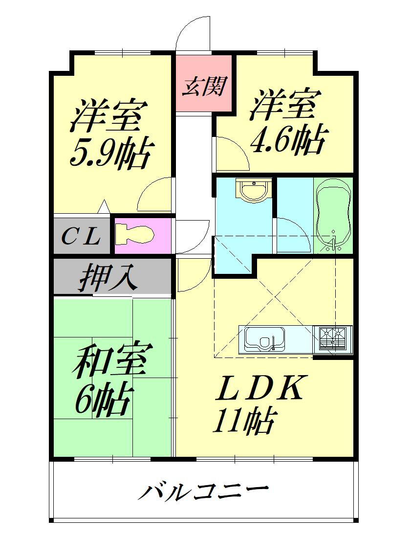 ローレルコート天理二階堂 3LDK、価格1080万円、専有面積62.22m<sup>2</sup>、バルコニー面積10.71m<sup>2</sup> 