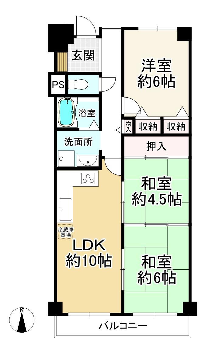ネオコーポ門真東二番街 3LDK、価格1298万円、専有面積61.22m<sup>2</sup>、バルコニー面積7.84m<sup>2</sup> 