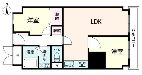 野田パークマンション 2LDK、価格2080万円、専有面積54m<sup>2</sup>、バルコニー面積6.48m<sup>2</sup> ≪間取り図≫