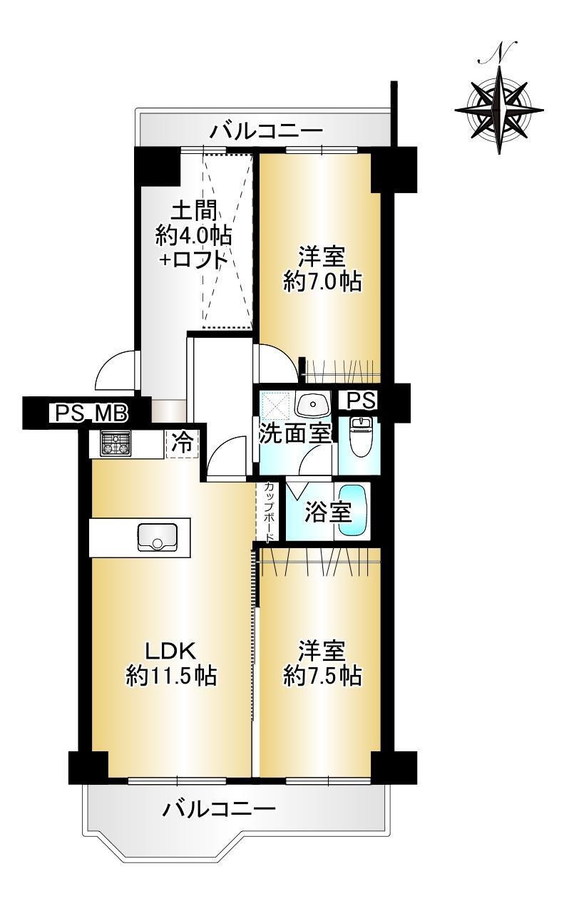 茨木レックスマンションＡ棟 3LDK、価格2280万円、専有面積64.35m<sup>2</sup>、バルコニー面積11.89m<sup>2</sup> 全居室6帖以上です。