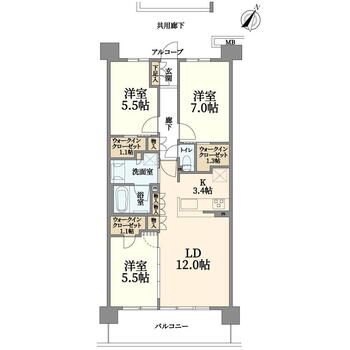 ウエリス吹田千里丘 3LDK、価格4180万円、専有面積75.64m<sup>2</sup>、バルコニー面積12.2m<sup>2</sup> 間取り図