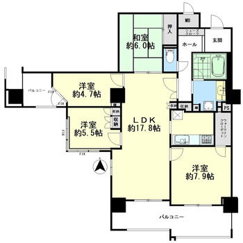 ファミール宝塚グランスイートタワー 4LDK、価格5780万円、専有面積93.04m<sup>2</sup>、バルコニー面積18.32m<sup>2</sup> 