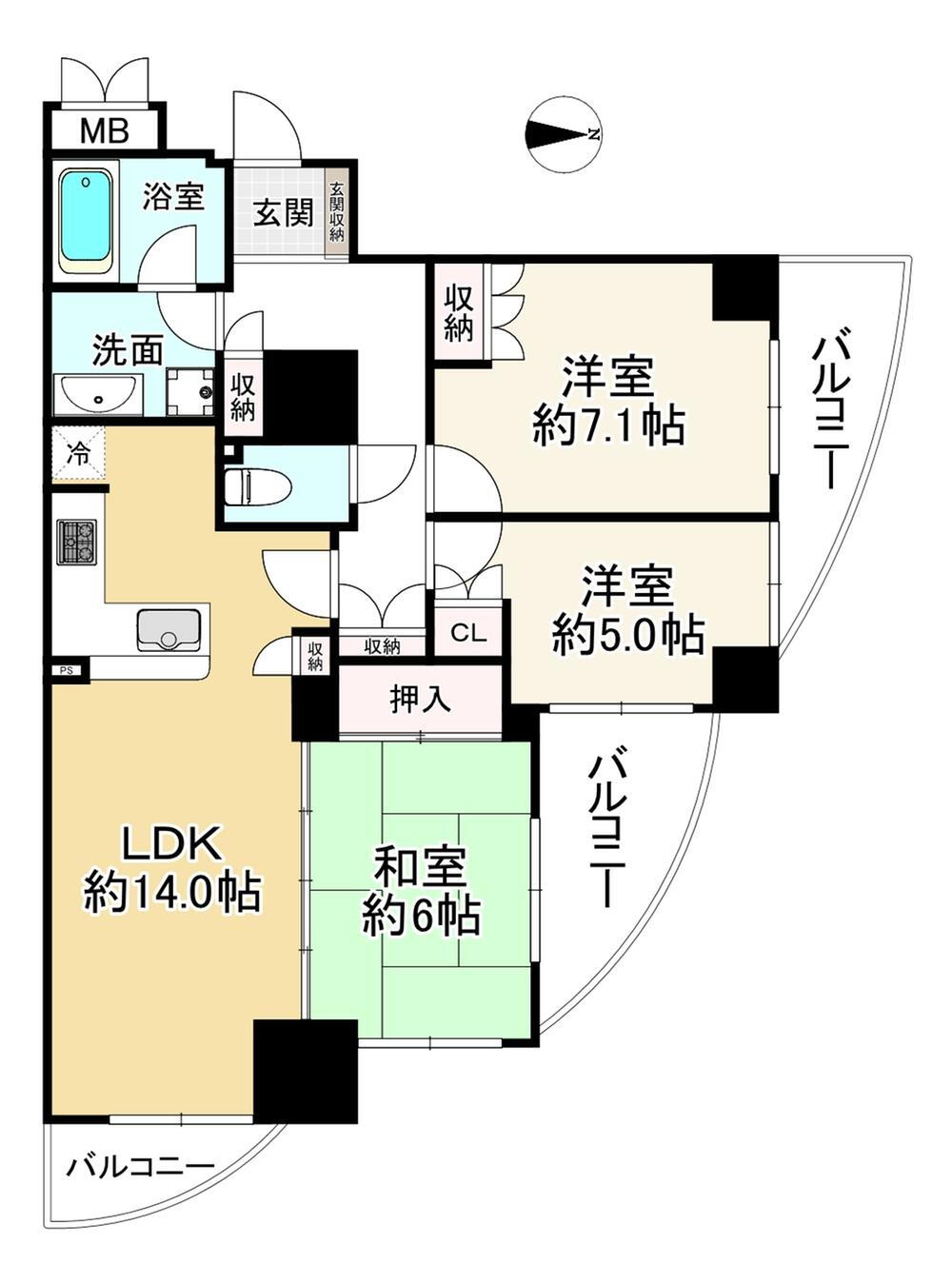 グラン・フェルティ夕陽丘 3LDK、価格4480万円、専有面積72.92m<sup>2</sup>、バルコニー面積13.1m<sup>2</sup> 約14.0帖のLDKに、洋室が1部屋、和室が1部屋の間取り。9階部分、北東の角部屋につき、通風良好です。<BR>約6帖の和室は扉を変えることでリビングと一体的に使用でき、用途…