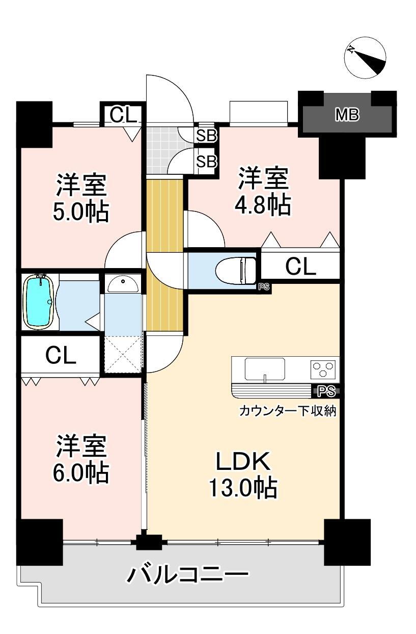 ランデージ神戸・山の手館 3LDK、価格3178万円、専有面積61.38m<sup>2</sup>、バルコニー面積9m<sup>2</sup> 