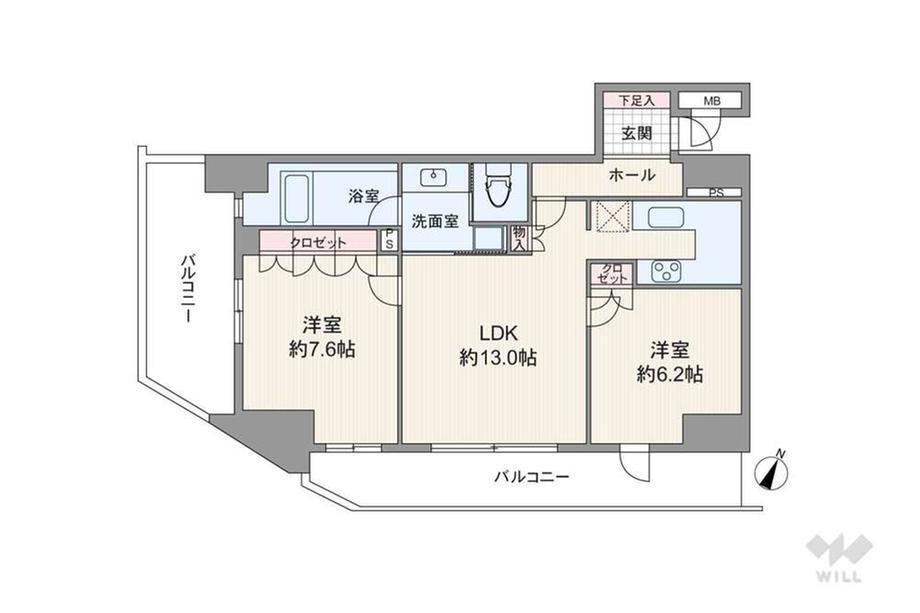 リーガル京町堀 2LDK、価格5280万円、専有面積62.11m<sup>2</sup>、バルコニー面積20.47m<sup>2</sup> 間取りは専有面積62.11平米の2LDK。LDKを含む全居室が二面のバルコニーに面した、大変開放感のあるプラン。廊下部分が短く、居室スペースが広く確保されています。