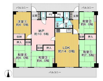 摂津マンション　Ｃ棟 5LDK+S（納戸）、価格2200万円、専有面積151.85m<sup>2</sup>、バルコニー面積28.2m<sup>2</sup> 。和室4部屋＋洋室1部屋+納戸が配置されています。LDKは約14.0帖の広さ。南北の両面3ヶ所にバルコニー有。玄関は2ヶ所設けられています。