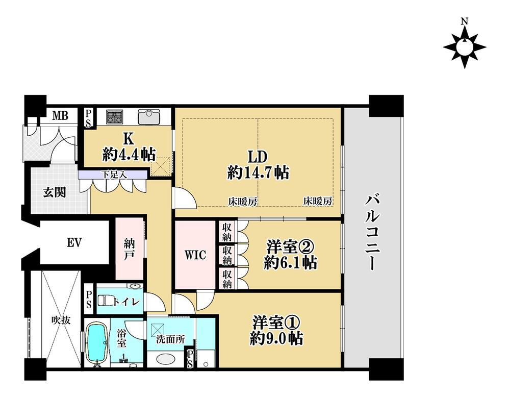 グランドメゾン上御霊 2LDK+S（納戸）、価格6990万円、専有面積91.18m<sup>2</sup>、バルコニー面積17.1m<sup>2</sup> 。全居室フローリング、洋室2部屋が配置されています。バルコニーは東側に設けられており、全居室が面しています。