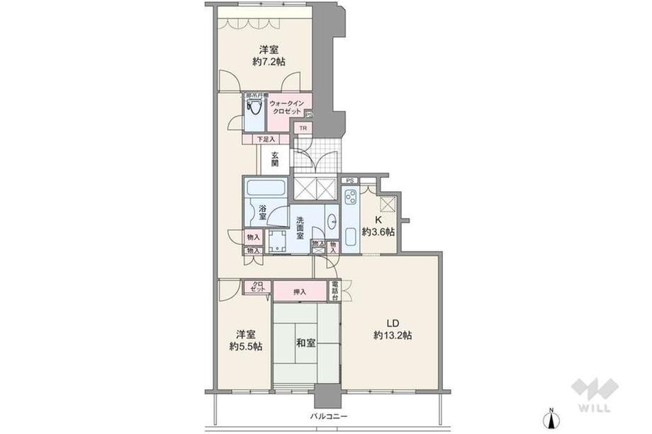 ライオンズマンション大阪スカイタワー 3LDK、価格6800万円、専有面積91.36m<sup>2</sup>、バルコニー面積12.55m<sup>2</sup> 間取りは専有面積91.36平米の3LDK。居室3部屋がバルコニーに面したワイドスパンのプラン。玄関は外から部屋の中を見通しにくいセンターイン仕様です。キッチンは生活感が伝わ…