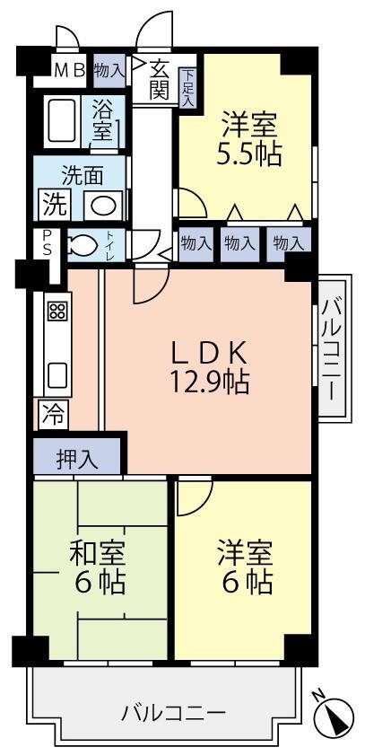 サニーハウス西豊中　壱号館 3LDK、価格2080万円、専有面積66.55m<sup>2</sup>、バルコニー面積8.97m<sup>2</sup> 