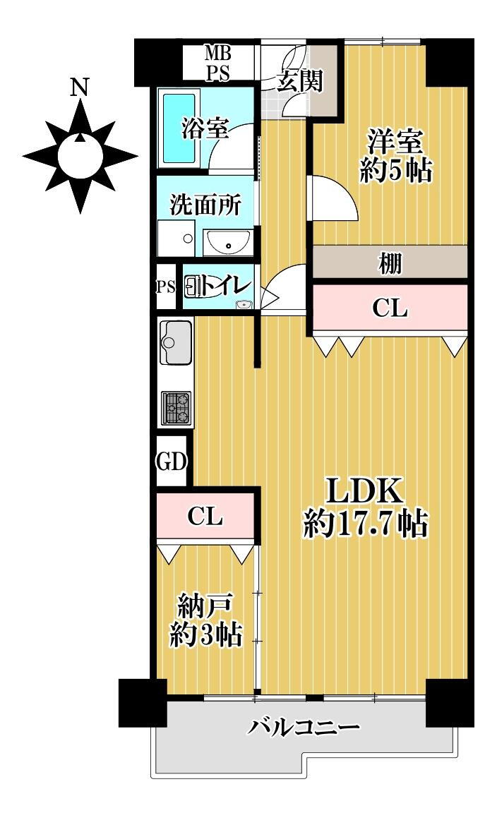 桂川ハイツ１号館 1LDK、価格1500万円、専有面積60.5m<sup>2</sup>、バルコニー面積7.55m<sup>2</sup> 。LDK約17.7帖。キッチンは壁付けタイプ。洋室は広さ約5.0帖、独立しています。LDK・納戸に、クローゼット有。南向きバルコニー付きです。